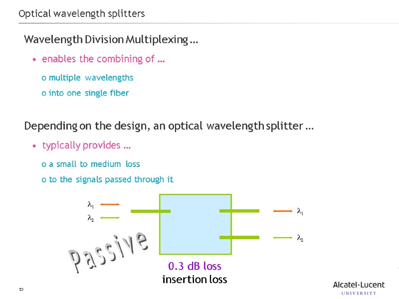 23 Optical wavelength splitters Wavelength Division Multiplexing … enables the combining of … multiple